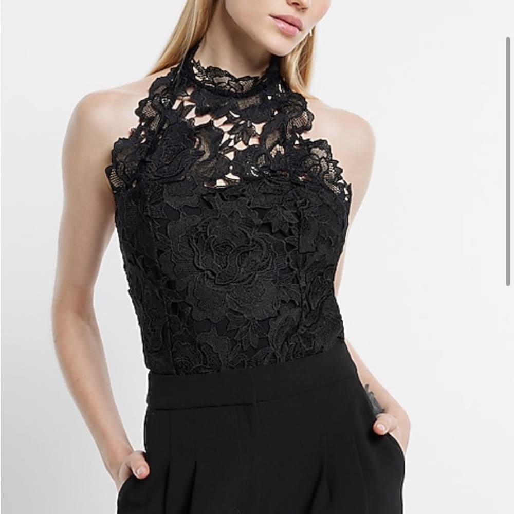 EXPRESS Lace Halter Neck Bodysuit BLACK